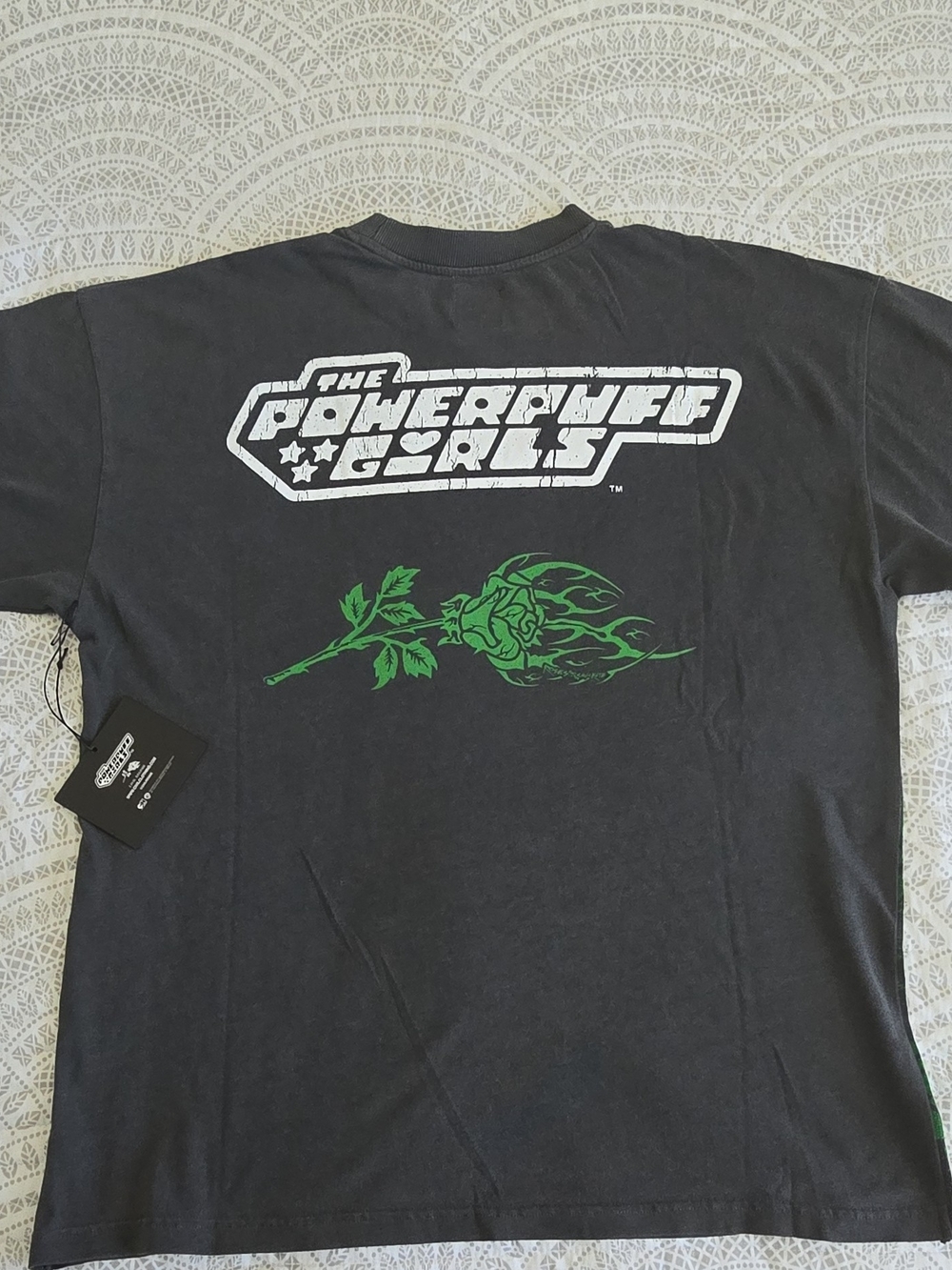 Powerpuff Girls Black Graphic Tee with Green Rose Motif